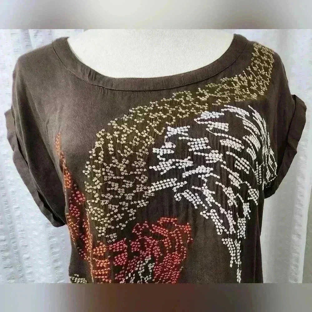 697h Poema Brown Embroidered Wing Shift Dress / Tunic - Size Large - Picture 2 of 6